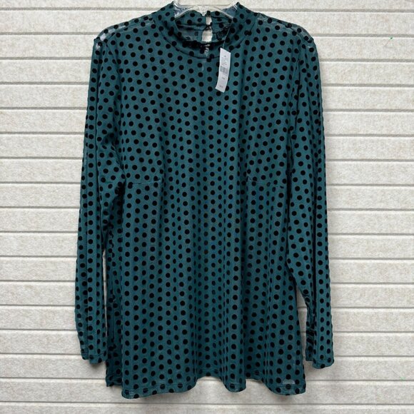 Lane Bryant Women’s 18/20 Teal Polka Dot Mesh Long Sleeve Mock Neck Blouse NWT - Picture 1 of 12
